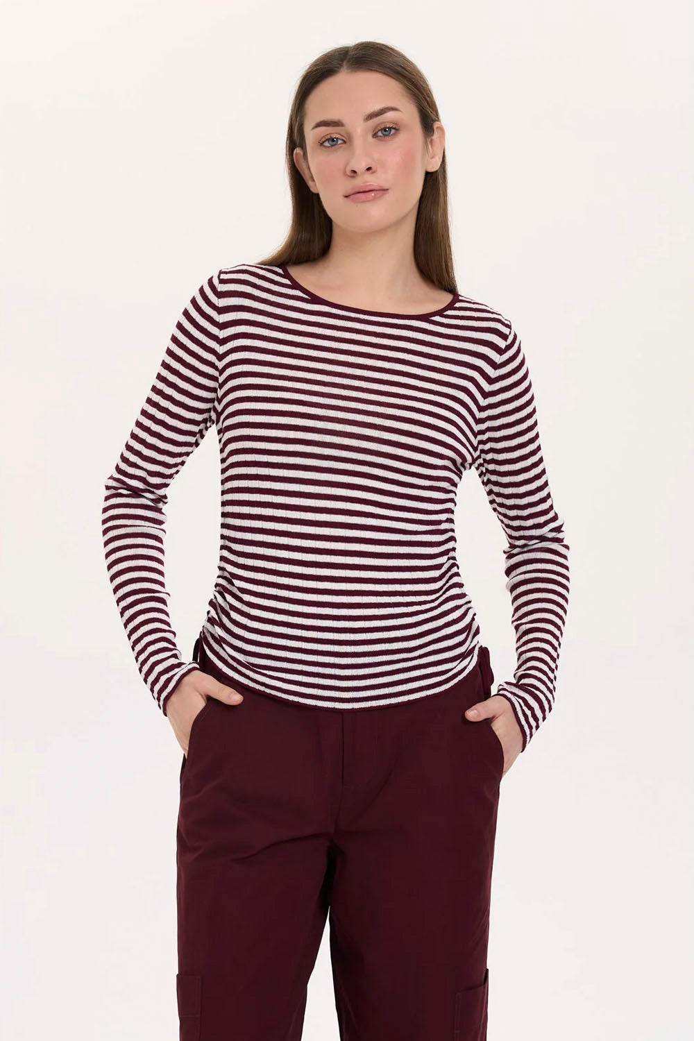 24COLOURS - BURGUNDY STRIPED LONG SLEEVE TOP