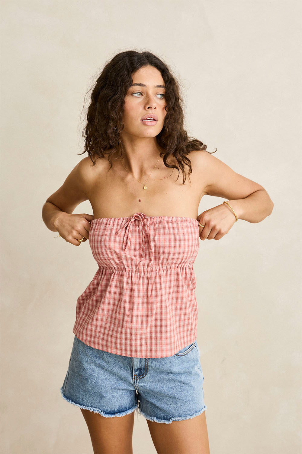 RHYTHM - KIRRA CHECK STRAPLESS TOP